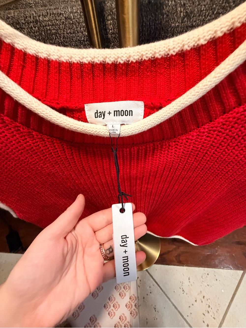 Red Sleeveless Crewneck Knit Sweater with White Trim - Picture 3 of 5